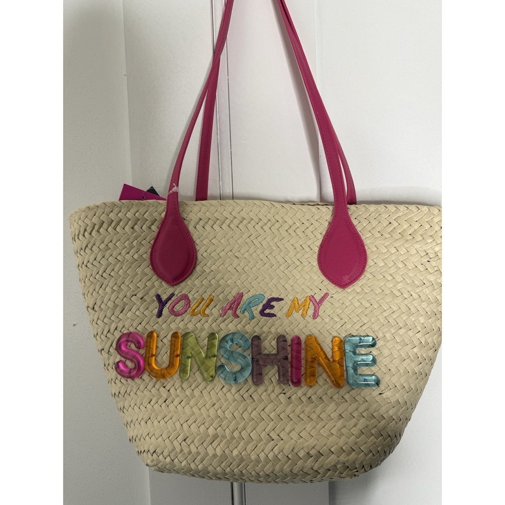 Betsey Johnson Sunshine Natural Tote Bag Pink Double Handles Acrylic Letters
